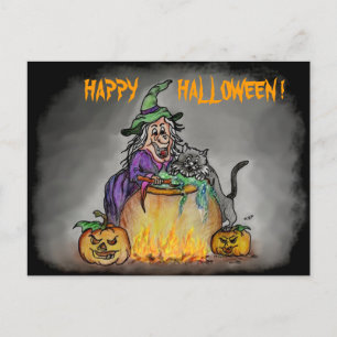 Postal Bruja y gato, ¡Feliz Halloween!