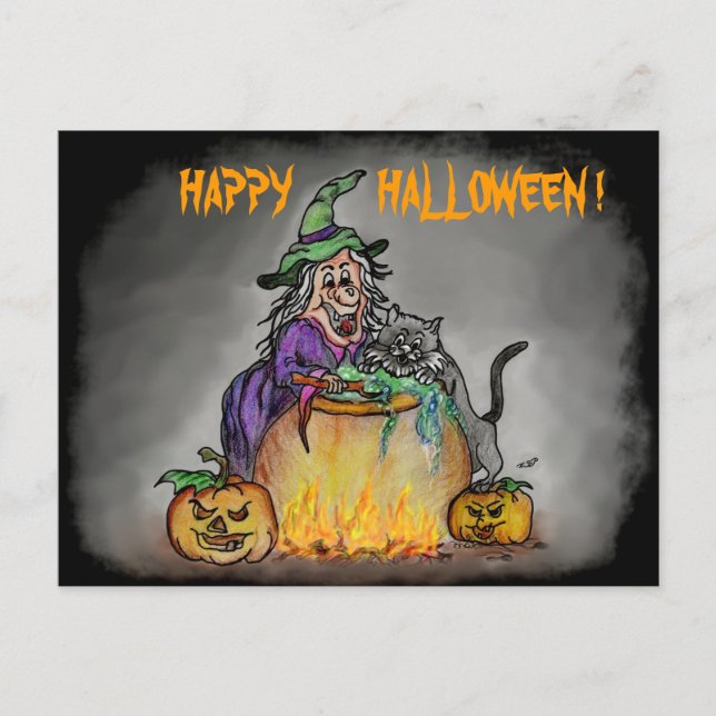 Postal Bruja y gato, ¡Feliz Halloween! (Anverso)