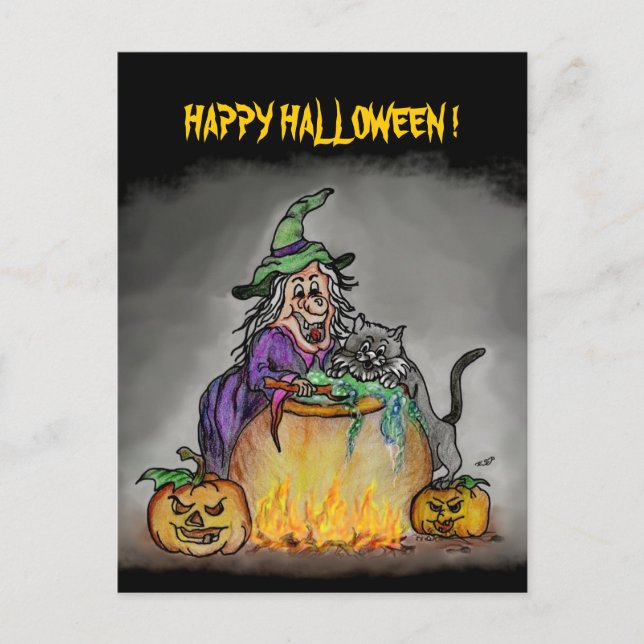 Postal Bruja y gato, ¡Feliz Halloween! (Anverso)
