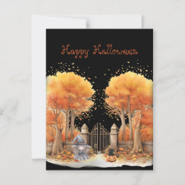 Postal Bruja y gato fuera de la puerta Halloween