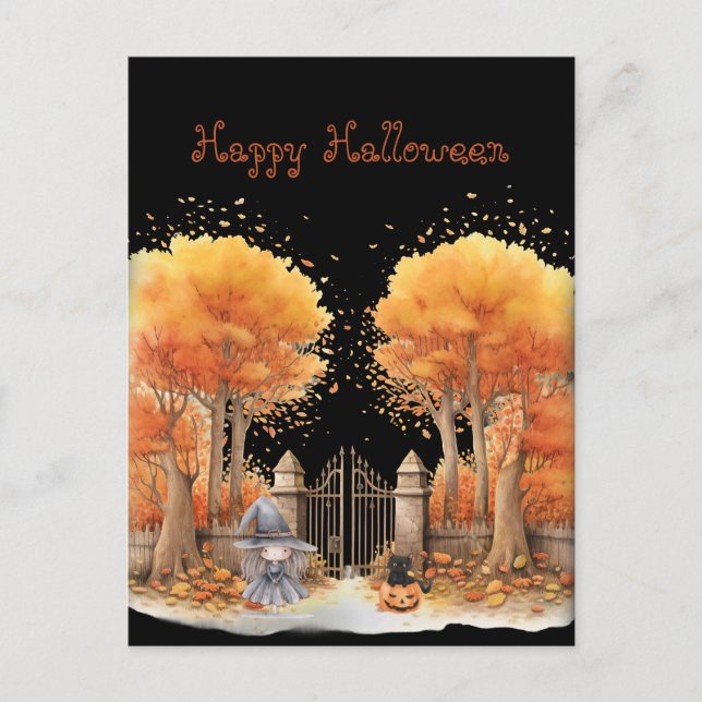 Postal Bruja y gato fuera de la puerta Halloween (Anverso)