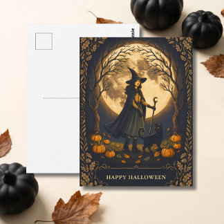 Postal Bruja y gato negro de Halloween