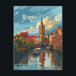 Postal Brujas Bélgica arte vintage<br><div class="desc">Un retrato cautivador y nostálgico de Brujas, Bélgica, famoso por su arquitectura medieval bien conservada y sus pintorescos canales. El diseño cautiva el encanto histórico de la ciudad con sus calles adoquinadas, sus edificios góticos y su emblemática torre Belfry con vistas a la plaza Markt. La obra de arte, de...</div>