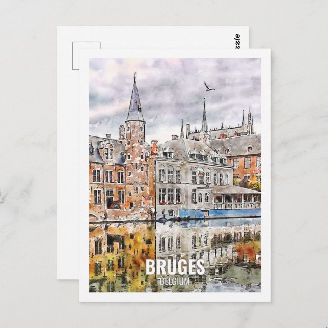 Postal Brujas Bélgica Travel Place Watercolor (Anverso / Reverso)