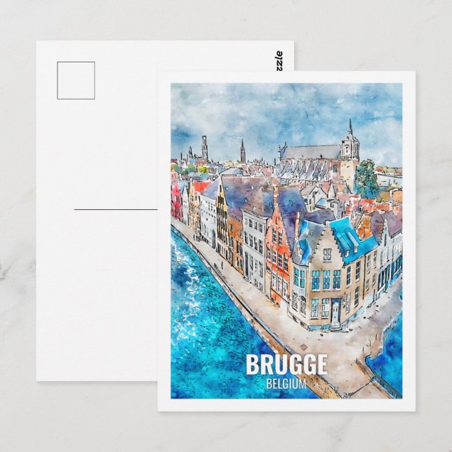 Postal Brujas Bélgica Travel Place Watercolor (Anverso / Reverso)