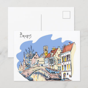 Postal Brujas Canal Bélgica Ilustracion Viaje