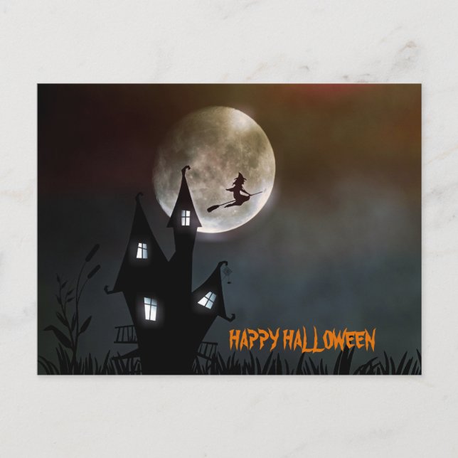 Postal Brujas volando Feliz Halloween personalizado (Anverso)