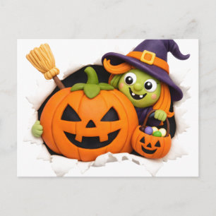 Postal Brujita adorable y figura de arcilla de Jack-o'-La