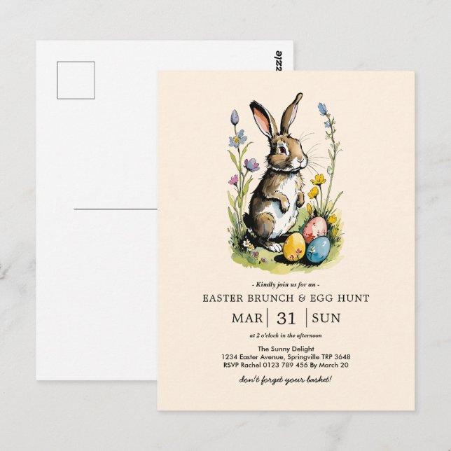Postal Brunch de Pascua y caza de huevos | Conejo de flor (Anverso / Reverso)