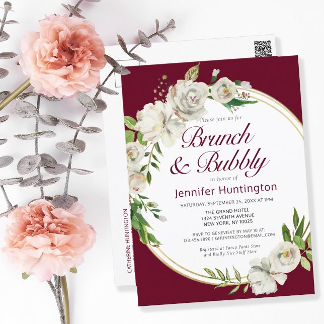 Postal Brunch y Burbujas Bridal Shower Floral de Borgoña (Subido por el creador)
