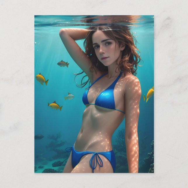 Postal Brunette Woman Blue Bikini Foto Subacuática (Anverso)