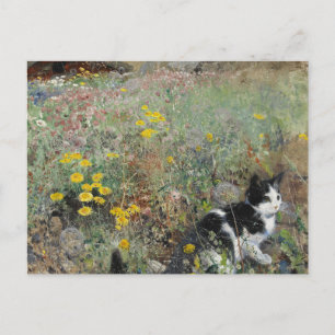 Postal Bruno Liljefors - Gato en cama de flores