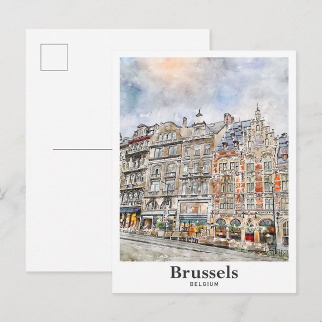Postal Bruselas Bélgica Arte Viaje Mano acuática dibujada (Anverso / Reverso)