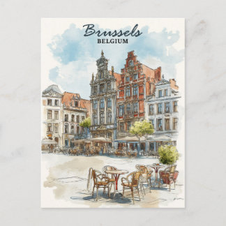 Postal Bruselas Bélgica – Ciudad Paisaje Acuarela Vintage
