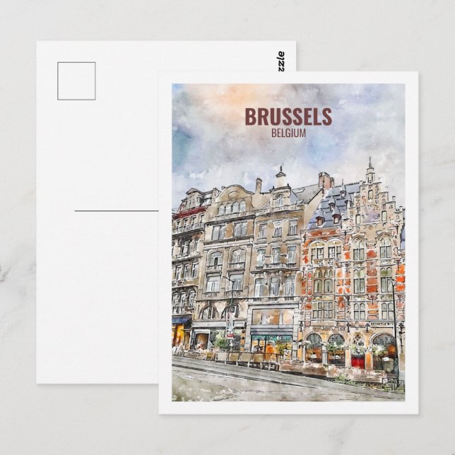 Postal Bruselas Bélgica famosa acuarela de viaje (Anverso / Reverso)