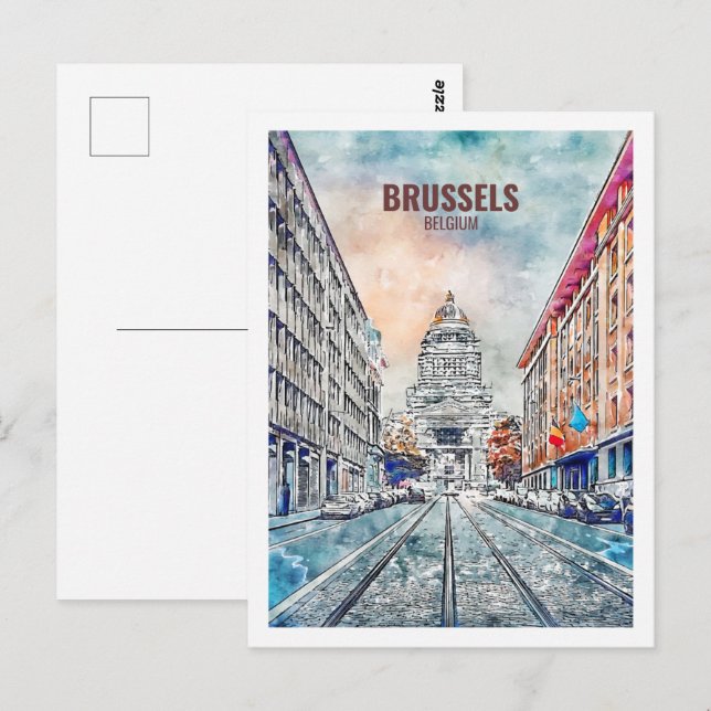 Postal Bruselas Bélgica Famoso Boceto acuático de viajes (Anverso / Reverso)