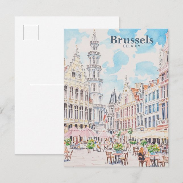 Postal Bruselas Bélgica Gouache Paint Ilustracion Viajes (Anverso / Reverso)