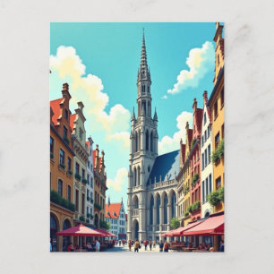 Postal Bruselas Bélgica Gouache Paint Ilustracion Viajes