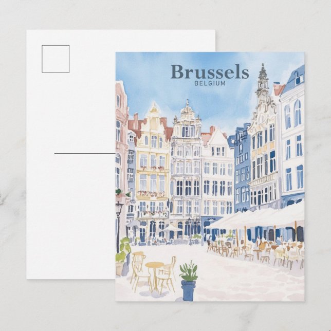 Postal Bruselas Bélgica Gouache Paint Ilustracion Viajes (Anverso / Reverso)