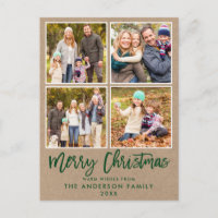 Brush Script Kraft Family 4 Photo Christmas Green