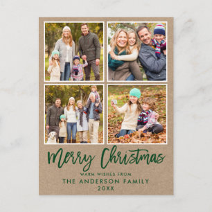 Postal Brush Script Kraft Family 4 Photo Christmas Green