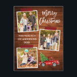 Postal Brush Script Plaid Craft Tape Wood Truck Christmas<br><div class="desc">Modern Brush Script Merry Christmas 3 Photo Collage Holiday Postcard includes Red Plaid Craft Tape and Watercolor Vintage Red Truck with Christmas Tree. Rustic Country Wood.</div>