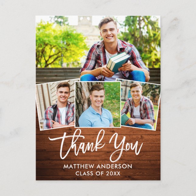 Postal Brush Script Wood 4 Photo Graduation Gracias (Anverso)