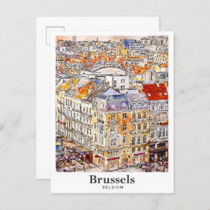 Postal Bruxelles de color de agua para viajes en Bruselas