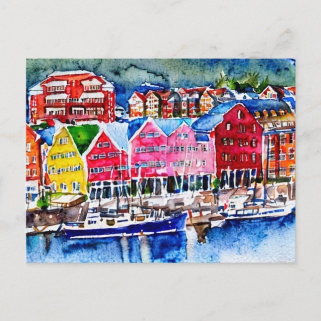 Postal bryggen bergen norway acuarela (Anverso)