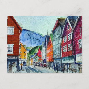 Postal bryggen bergen norway street watercolor