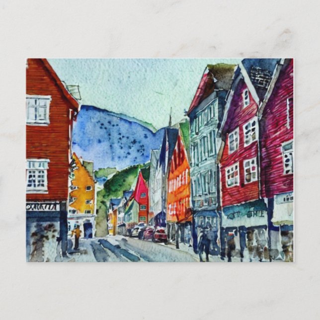 Postal bryggen bergen norway street watercolor (Anverso)
