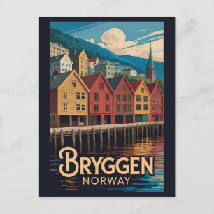 Postal Bryggen Noruega Ilustración Arte de viaje Bergen