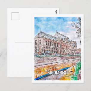 Postal Bucarest Rumanía Famoso lugar de viaje acuarela