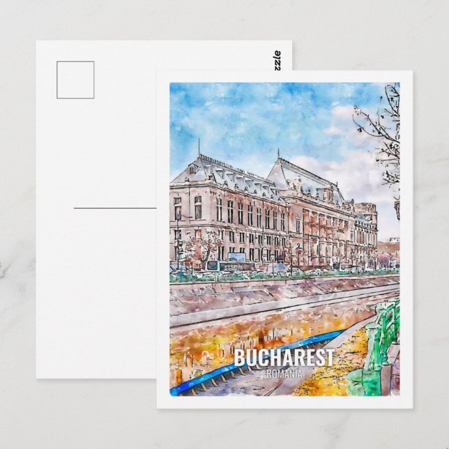 Postal Bucarest Rumanía Famoso lugar de viaje acuarela (Anverso / Reverso)