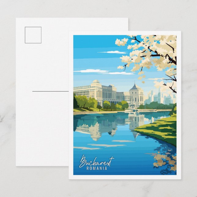 Postal Bucarest Rumanía ilustracion de viajes de arte (Anverso / Reverso)