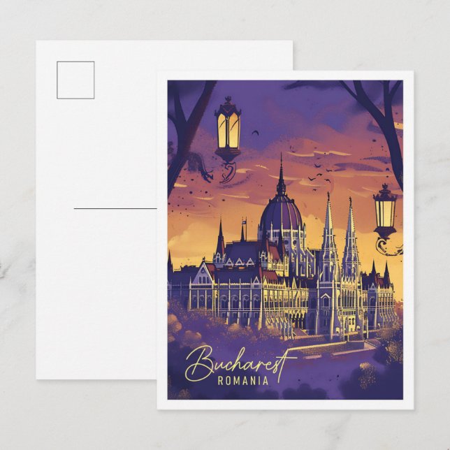 Postal Bucarest Rumanía Ilustracion de viajes de arte vin (Anverso / Reverso)
