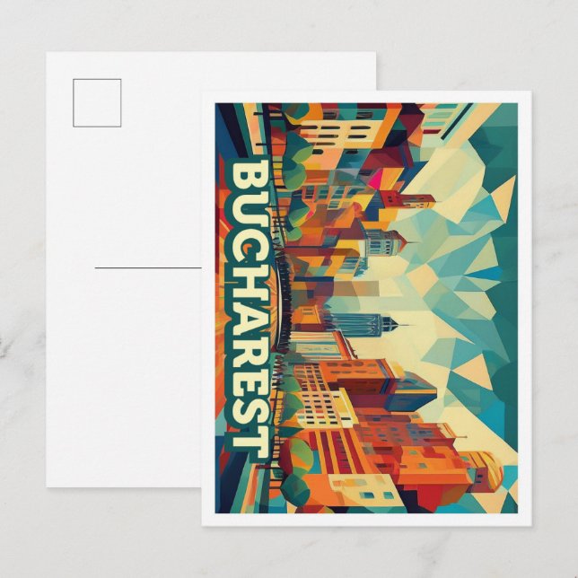 Postal Bucarest Rumanía viaje artístico colorido (Anverso / Reverso)