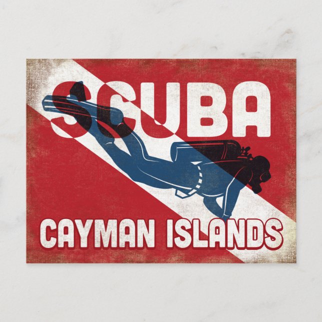 Postal Buceador Scuba de las Islas Caimán - Retro Azul (Anverso)