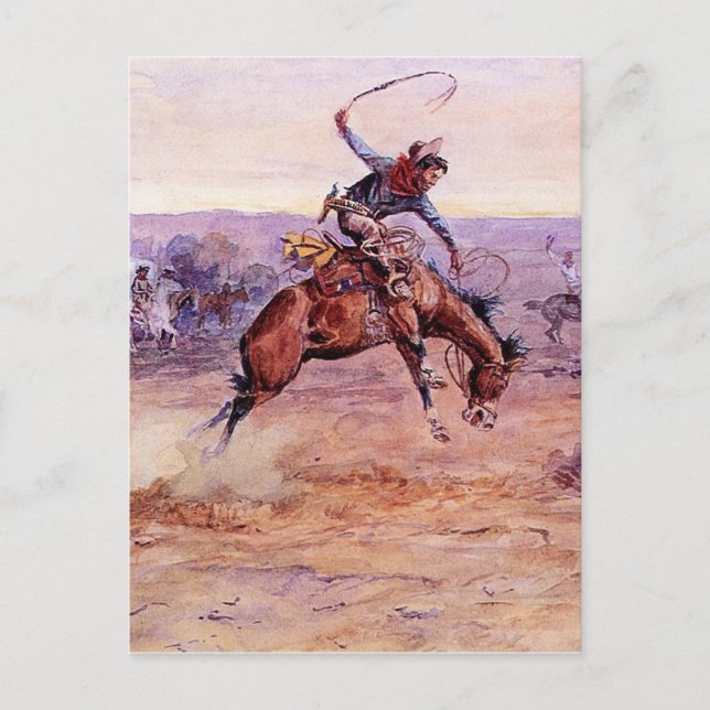 Postal "Bucking Bronco" Cowboy Art de Charles Russell (Anverso)