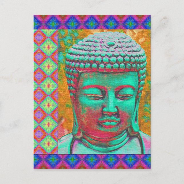 Postal Buda pop con fronteras patchwork en azul y rosa (Anverso)