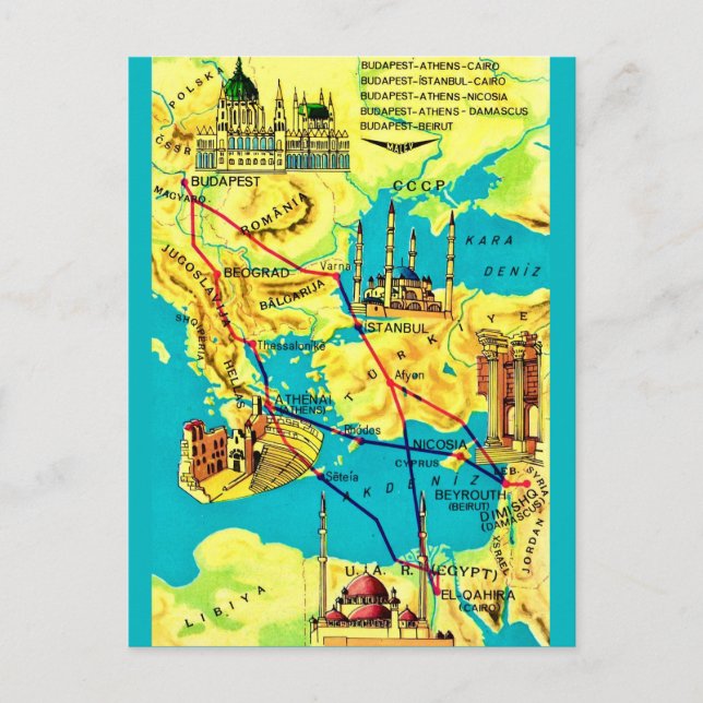 Postal Budapest Athens Cairo Viñage Map Postcard (Anverso)