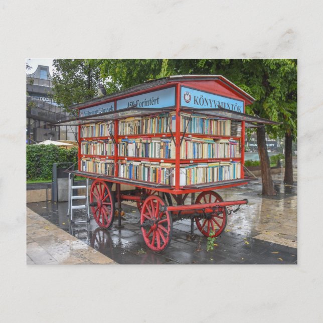 Postal Budapest, Hungría, carrito de libros (Anverso)