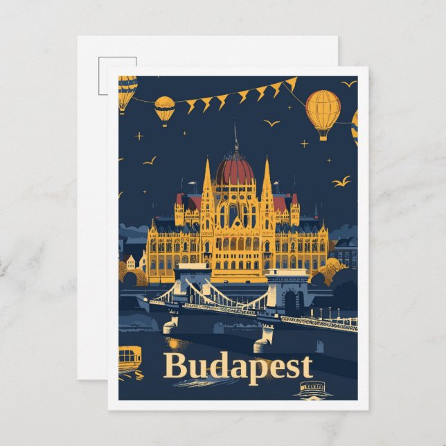 Postal Budapest Hungría Ilustracion de viajes de arte (Anverso / Reverso)