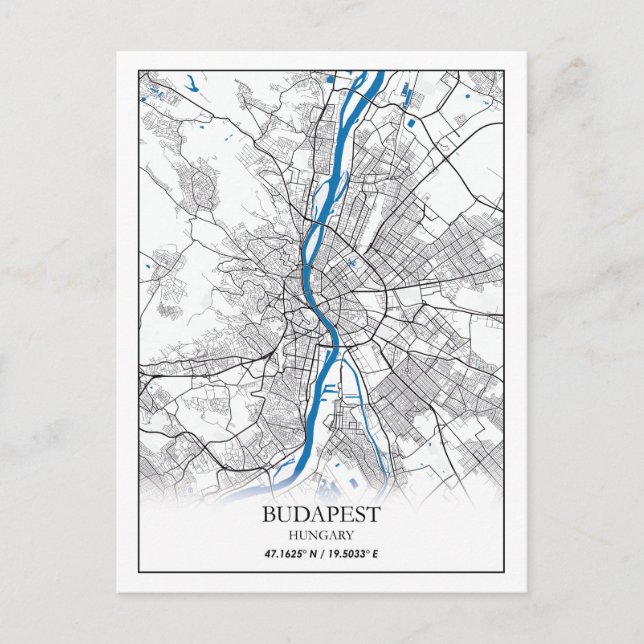 Postal Budapest Hungría Mapa de viajes Simple Mínimo (Anverso)