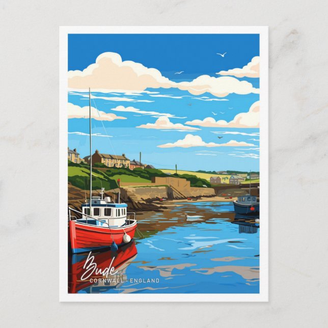 Postal Bude Cornwall England Artwork Travel Ilustracion (Anverso)