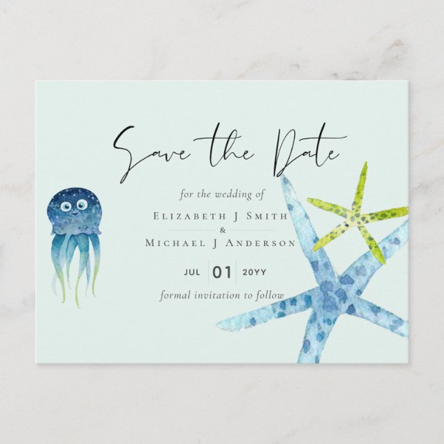 Postal BUDGET Sealife Beach Ocean Wedding Salven la fecha (Anverso)