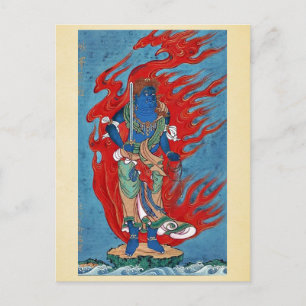 Postal Budista mitológico de pie en una pequeña isla