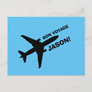 Postal Buen Viaje Avión en Azul con Nombre Personalizado
