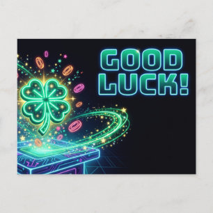 Postal "¡BUENA SUERTE!" Arcade Neon con Trébol de Cuatro