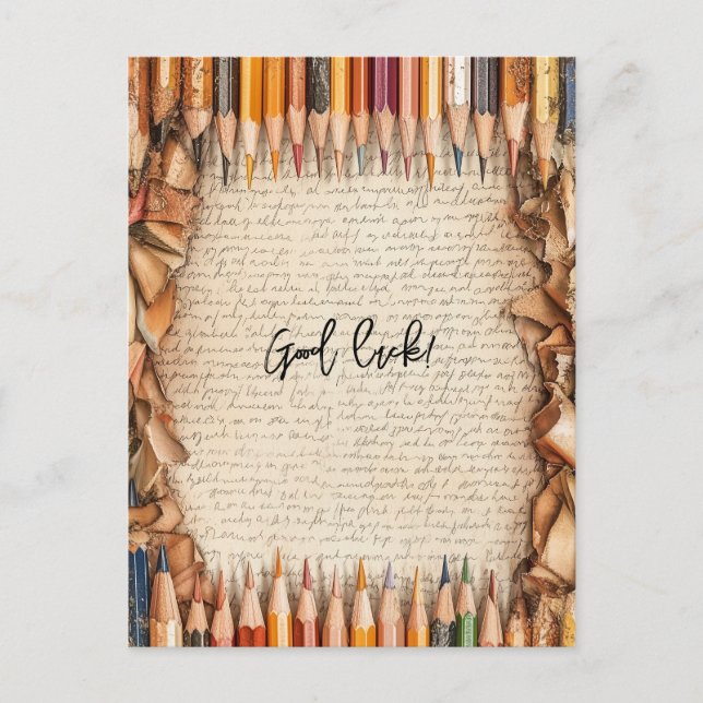 Postal Buena suerte rodeada de lápices (Anverso)